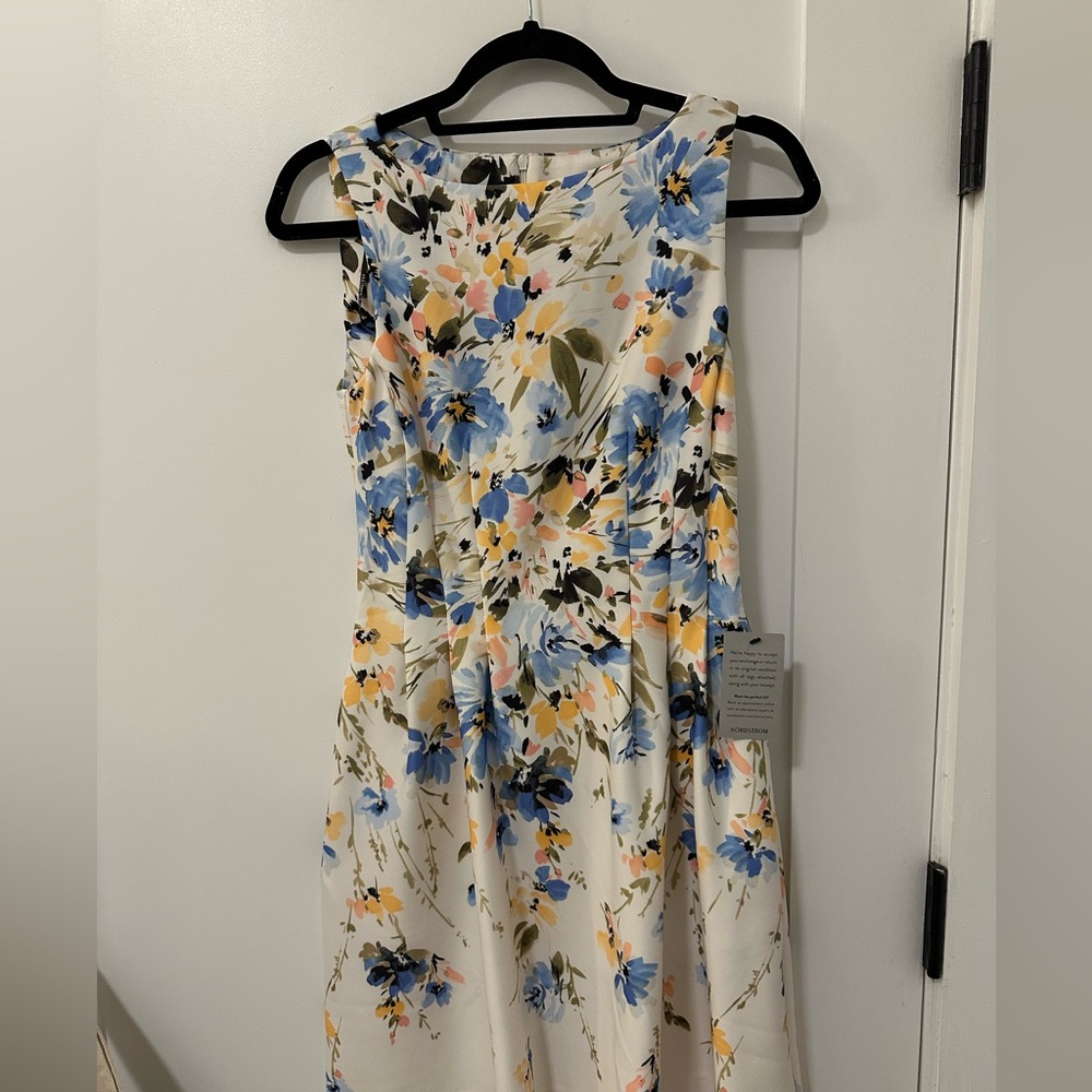 Vince Camuto Cream Midi Dress with Blue and Yellow Floral Print